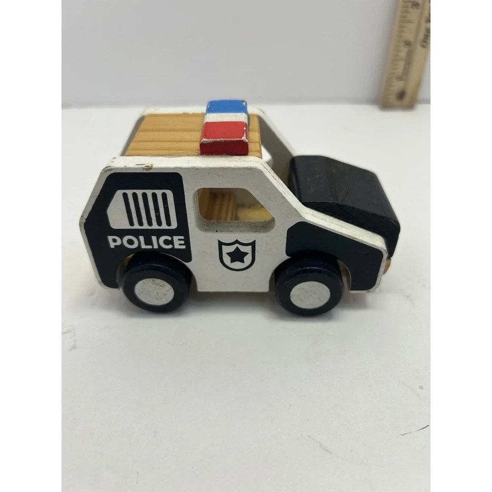 Aldi White Black Police Car Toy Small Wood Vehicle Kids Cute Fun Play 2018